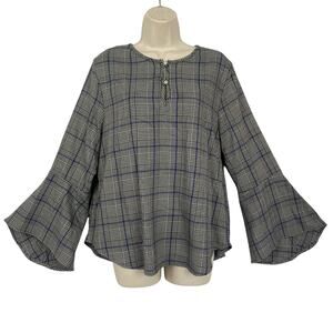 Karen Kane Top Womens XL Gray Plaid Bell Sleeve Rhinestone Button Career Preppy